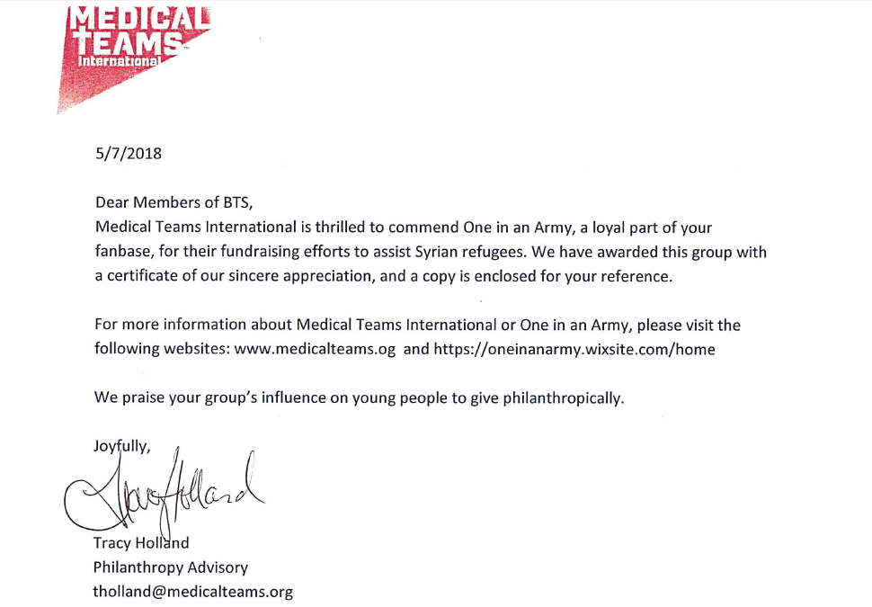 A letter from Medical Teams International addressed to BTS that describes ARMY fundraising efforts to assist Syrian refugees