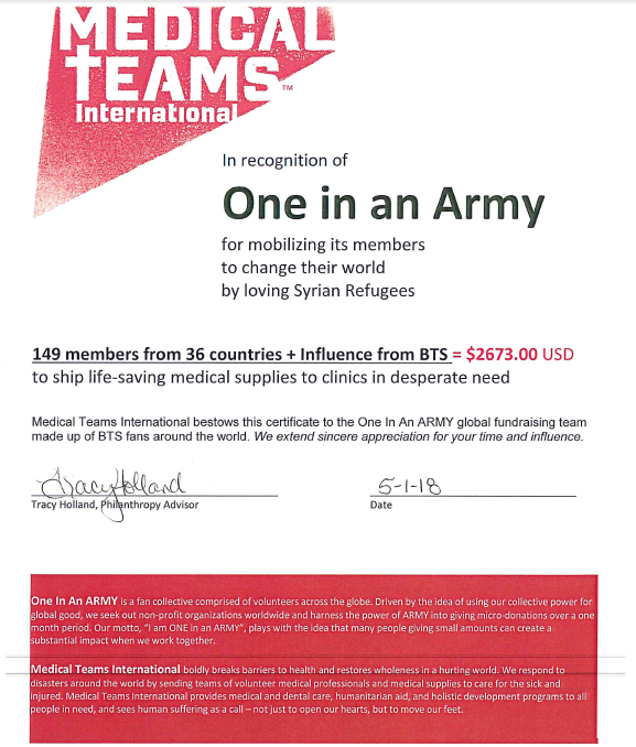 A certificate from Medical Teams International in recognition of One in an ARMY for mobilizing ARMY to assist Syrian refugees