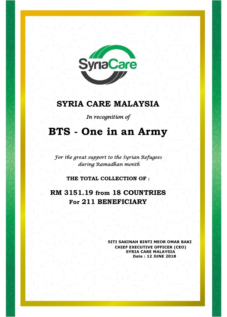 Certificate from Syria Care Malaysia made out to BTS - One in an Army for the great support to the Syrian Refugees during Ramadhan month