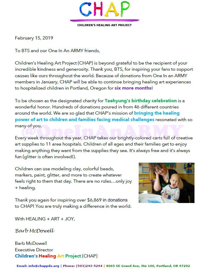 Letter from Children's Healing Art Project to BTS thanking them for inspiring ARMY. It also talks about the funds being used to bring the healing power of art to children and families facing medical challenges.
