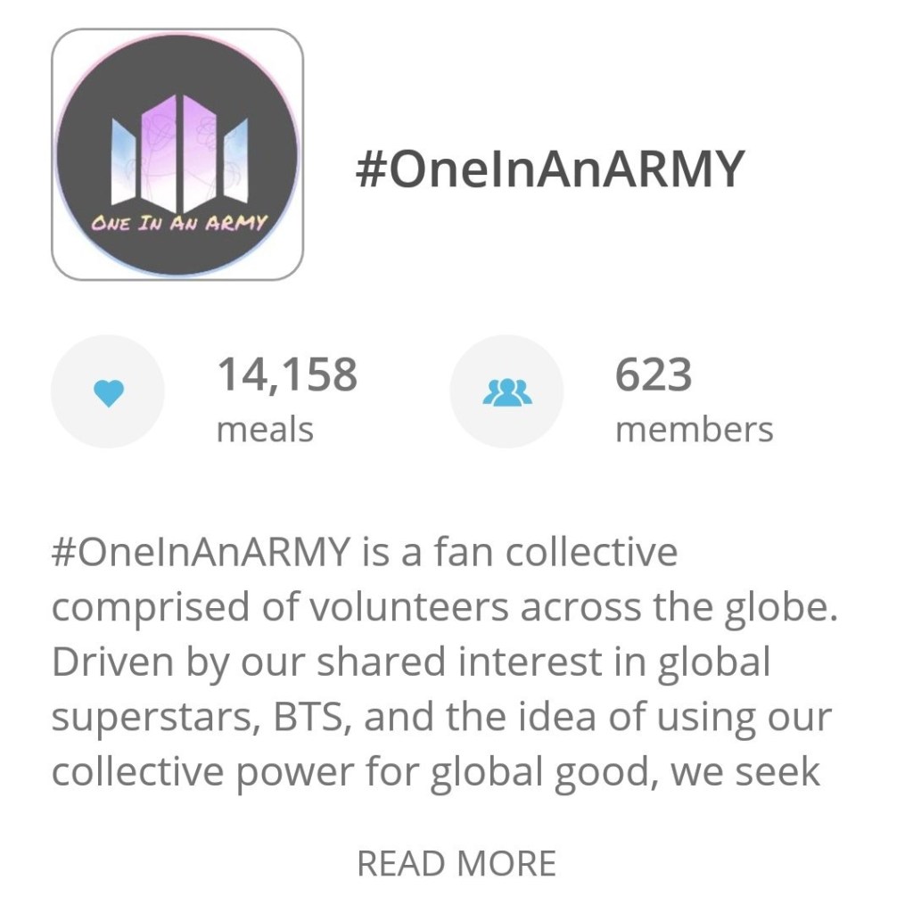 A screenshot of the One In An ARMY team profile on ShareTheMeal. It shows that 14,158 meals were funded by 623 team members.