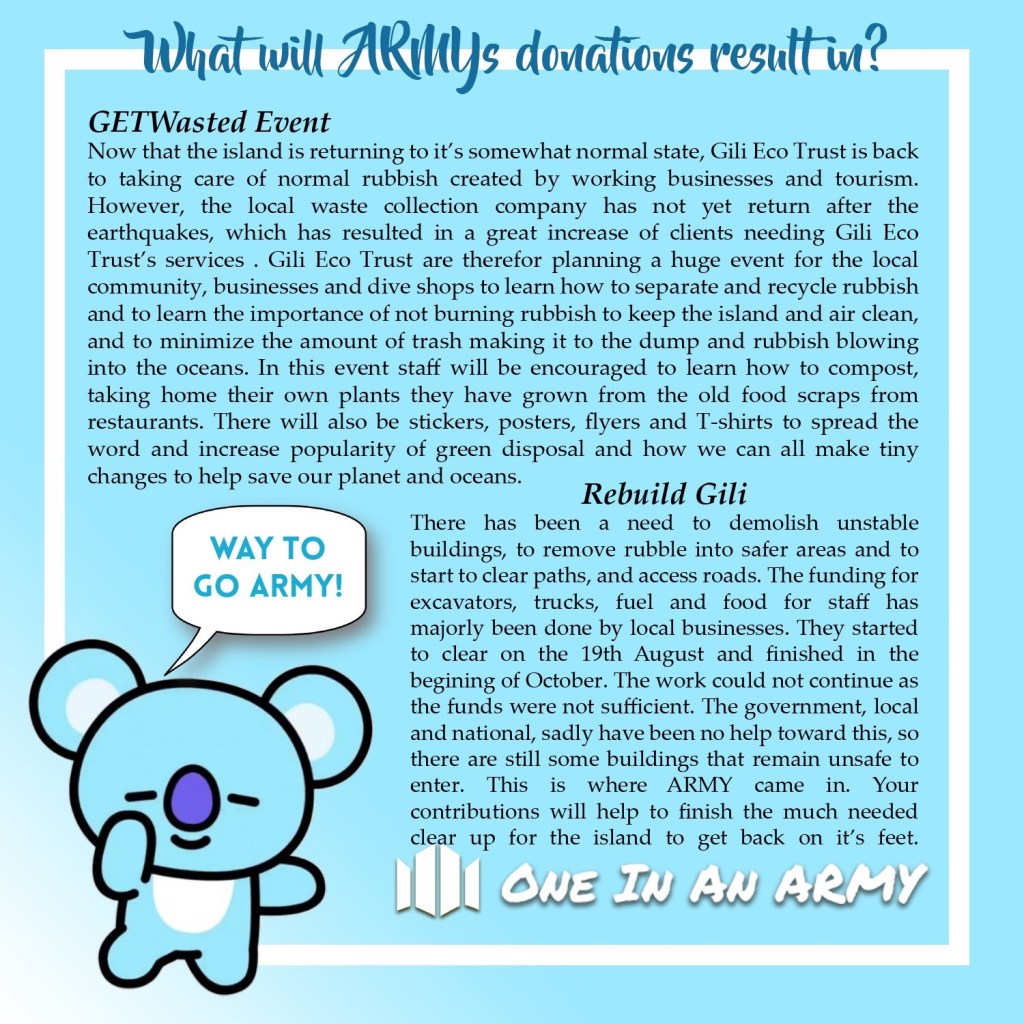 Poster explaining that ARMY donations will be used to fund the GET Wasted Event and to rebuild Gili. The GET Wasted Event teaches the community, businesses, and dive shops how to separate rubbish and recycle. 