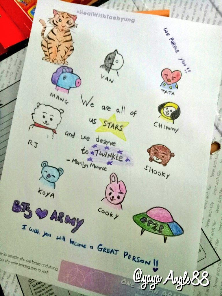 Photo of a drawing of BT21 characters. There's also a message that says "I wish you will become a GREAT PERSON!" and a quote from Marilyn Monroe which says "we are all of us stars and we deserve to twinkle".