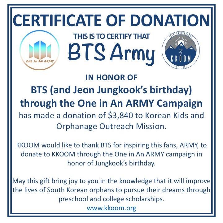 Certificate of donation for BTS ARMY's donations to KKOOM