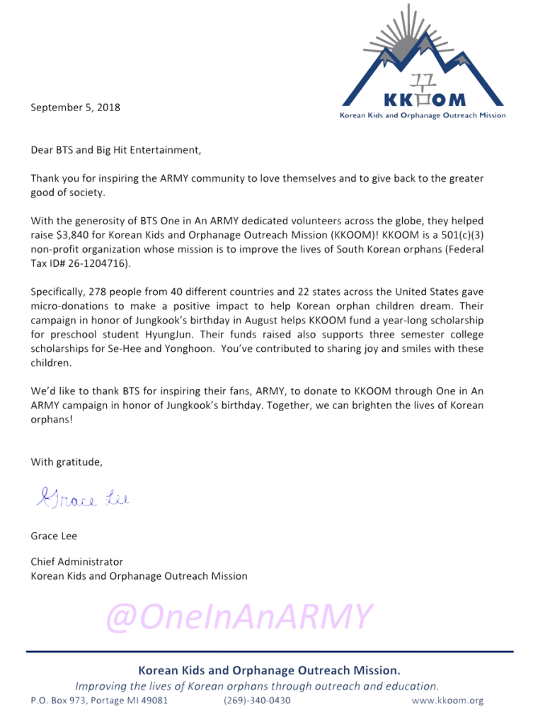 Letter from KKOOM to BTS and Big Hit Entertainment detailing the donations ARMY made