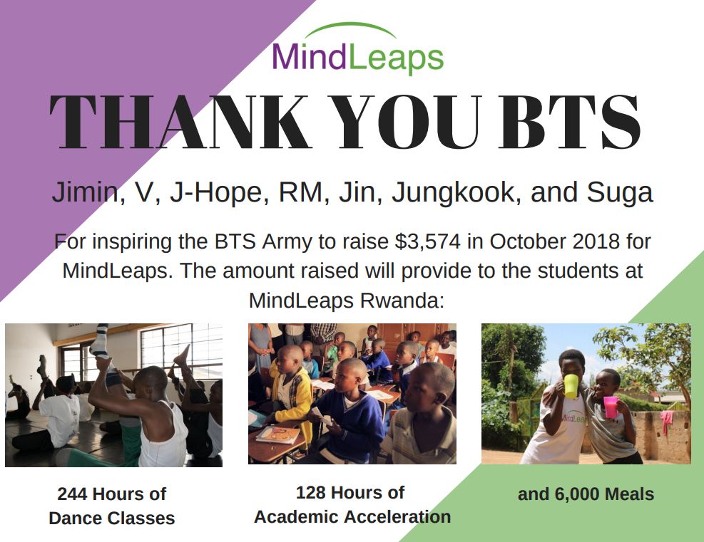 Certificate from MindLeaps to BTS detailing the funds ARMY raised and what they will be used for. The certificate contains three pictures. The picture in the bottom left shows several Black children stretching in dance class. The bottom middle picture shows a classroom full of Black children, sitting at desks. The bottom right photo is the same photo that was included on the results poster.