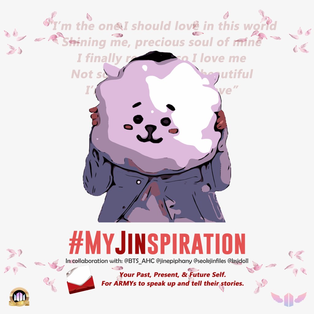 Poster for My Jinspiration bonus mission. The main drawing on the poster shows an ARMY holding an RJ cushion in front of their face.