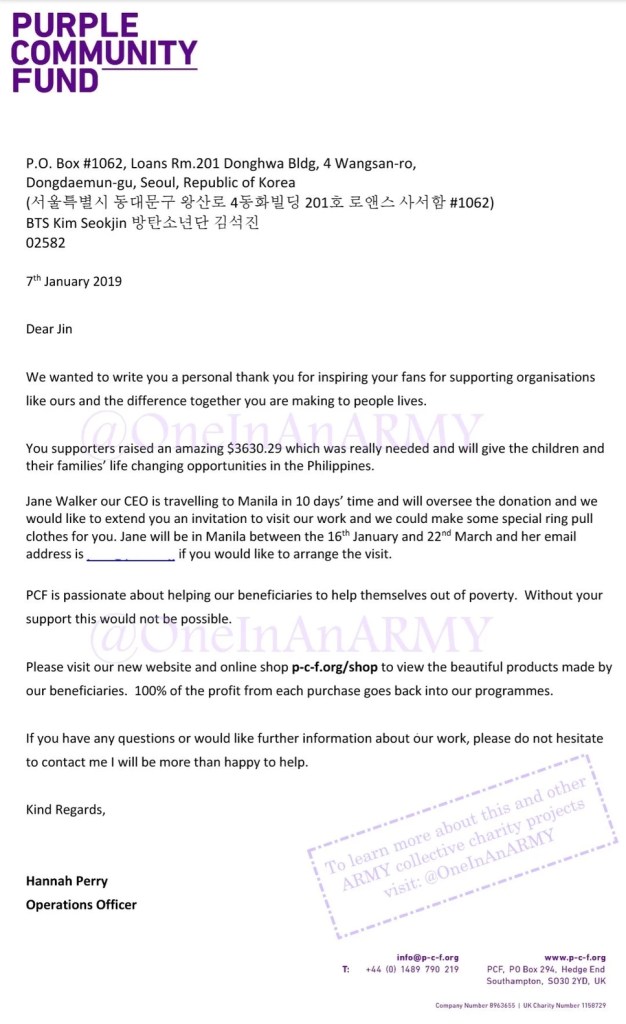 Letter from the Purple Community Fund to Seokjin thanking him for inspiring ARMY to fundraise.