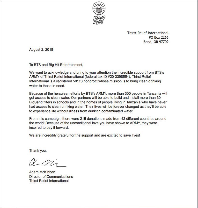 Letter from Thirst Relief International addressed to BTS and Big Hit Entertainment talking about ARMY's donations