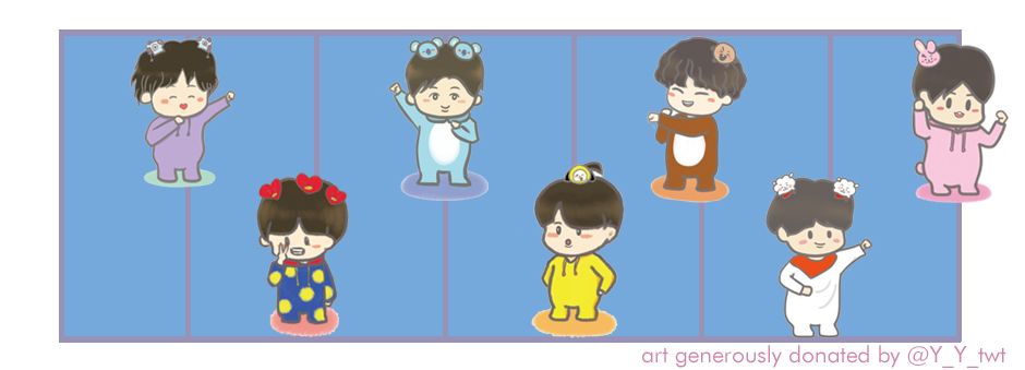 BTS, drawn in chibi style, standing in front of a full progress bar with seven sections. The artist credited is @Y_Y_twt