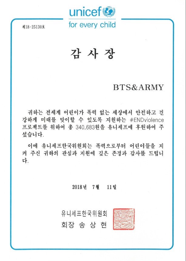 A certificate from unicef Korea to BTS and ARMY stating that ARMY donated 340,683 KRW