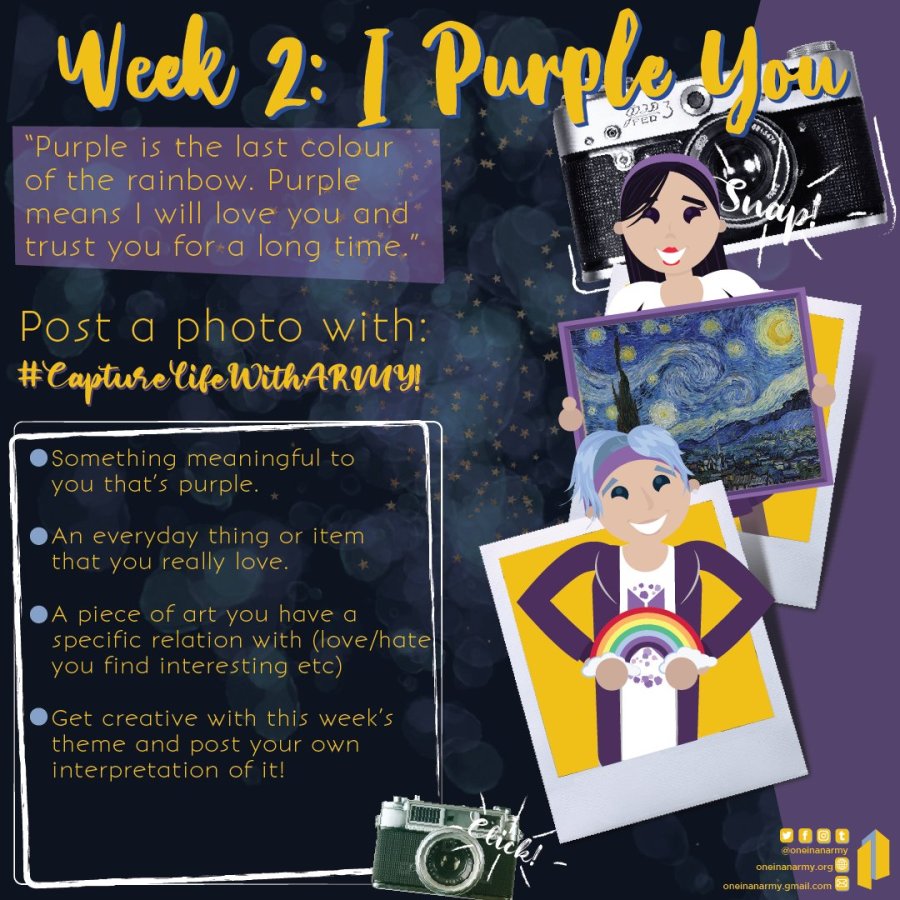 Poster introducing the week 2 theme of I Purple You for Capture Life With ARMY. The prompts were 1) something meaningful to you that's purple 2) an everyday thing or item that you really love 3) a piece of art you have a specific relationship with 4) get creative with the theme and post your own interpretation of it.