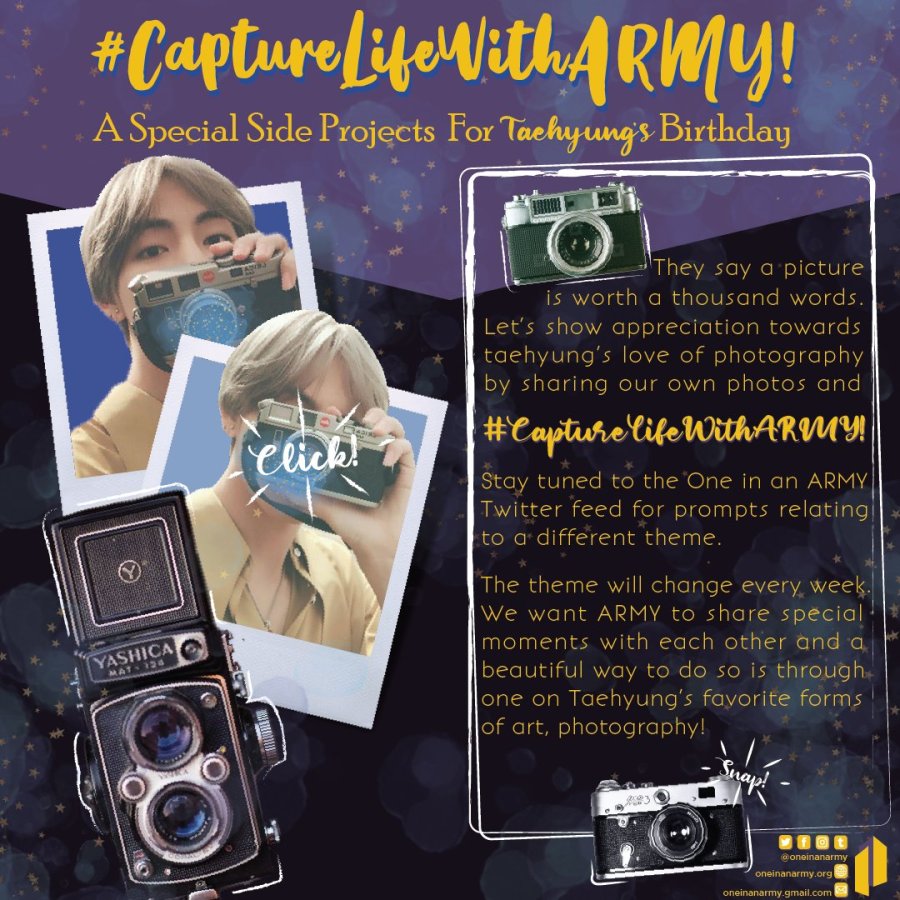 Poster introducing the Bonus Mission Capture Life With ARMY. Each week One In An ARMY gave different prompts and challenged ARMY to share special moments they captured with their cameras.