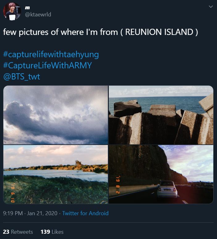 Tweet from an ARMY participating in the Bonus Mission Capture Life With ARMY. The four photos were taken on Reunion Island. The first is a picture of white clouds that are dark blue on their underside. The second photo is a close up of stone stabs that create a retaining wall next to a large body of water. The third photo shows dark, long grass in the foreground and a body of water in the background. The fourth photo was taken in the passenger seat of a car and shows a white car driving down a road next to a tall rock cliff face.