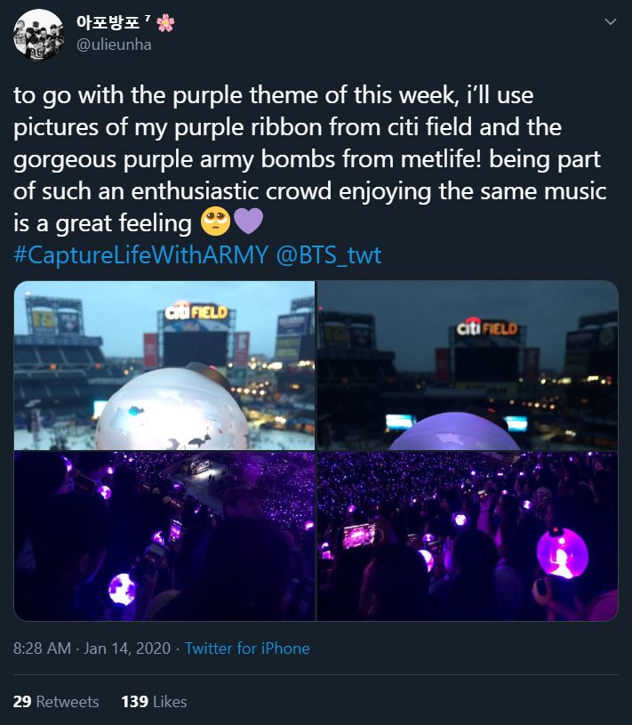 Tweet from an ARMY participating in the Bonus Mission Capture Life With ARMY. The photos were taken at BTS concerts at Citi Field and Metlife Stadiums. The first two photos are a close up of an ARMY bomb with the stage in the background. The third and fourth photo shows the crowd lit up by the purple glow of their ARMY bombs.