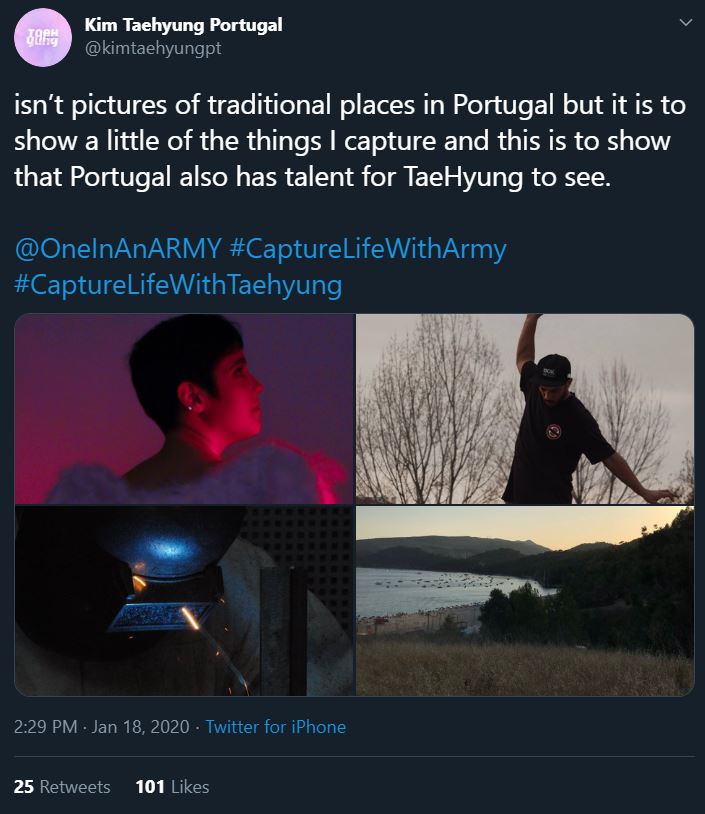 Tweet from an ARMY participating in the Bonus Mission Capture Life With ARMY. The photos were taken by an ARMY in Portugal. The first photo is of someone with a pixie cut, photographed from behind and lit with fuchsia light. The second photo is of a person wearing a black t-shirt, black baseball cap, with their arms held out as if they're trying to keep their balance. Third photo is of an urban setting at nighttime. The fourth photo is of a beach with a pine forest and grassy meadow bordering it.