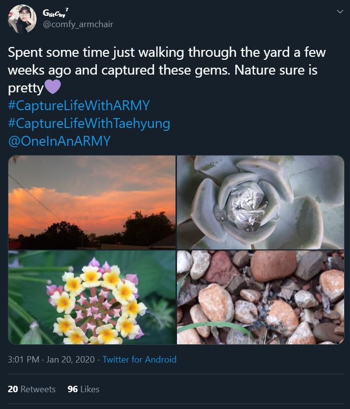 Tweet from an ARMY participating in the Bonus Mission Capture Life With ARMY. The first photo shows orange clouds against a blue sky. The second photo is a close up of the center of a greeny-grey succulent. The third photo is of the center of a blue and yellow flower. The fourth photo shows light red, muddy red, and slate grey stones.