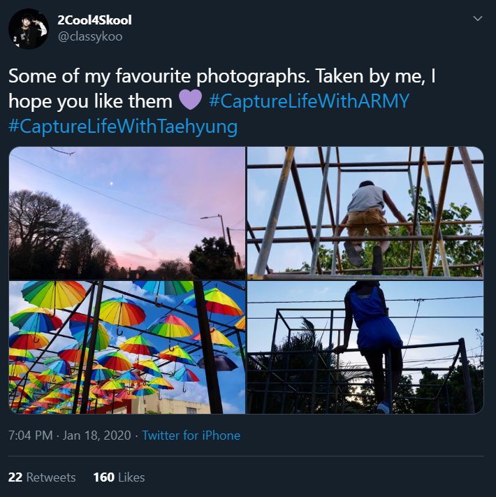 Tweet from an ARMY participating in the Bonus Mission Capture Life With ARMY. The first photo shows a blue sky with pink clouds above some shadowed trees. The second photo is taken from the underside of a play structure and shows a child playing on the upper levels. The third photo shows dozens of rainbow parasols hung in an outdoor art installation. The fourth photo shows a teenager or adult sitting on top of the same play structure in the second photo.