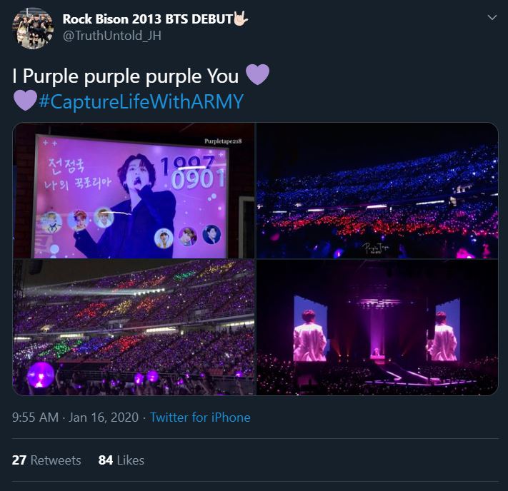 Tweet from an ARMY participating in the Bonus Mission Capture Life With ARMY. The photos show the ARMY watching a BTS concert in a stadium.