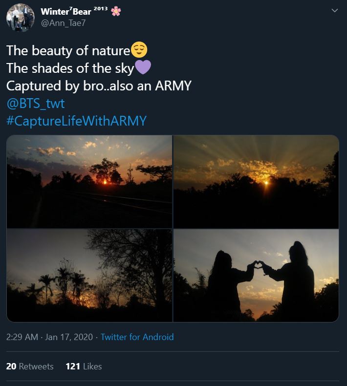 Tweet from an ARMY participating in the Bonus Mission Capture Life With ARMY. The photos were taken by the ARMY's brother and all show backlit trees and people at sunset. The last photo shows two people making a hand heart by each curving one hand and pressing it against the other person's.
