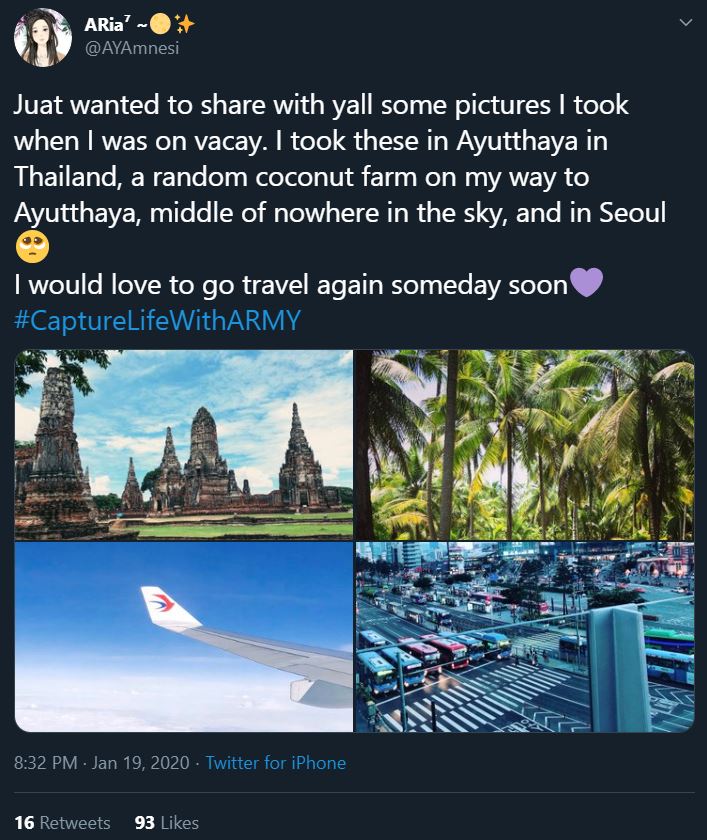 Tweet from an ARMY participating in the Bonus Mission Capture Life With ARMY. The first photo is of some historical buildings in Ayutthaya, Thailand. The second photo is of a coconut farm in Thailand. The third photo was taken looking out the window during an airplane flight. The fourth photo is of a busy pedestrian crossing in Seoul, South Korea.