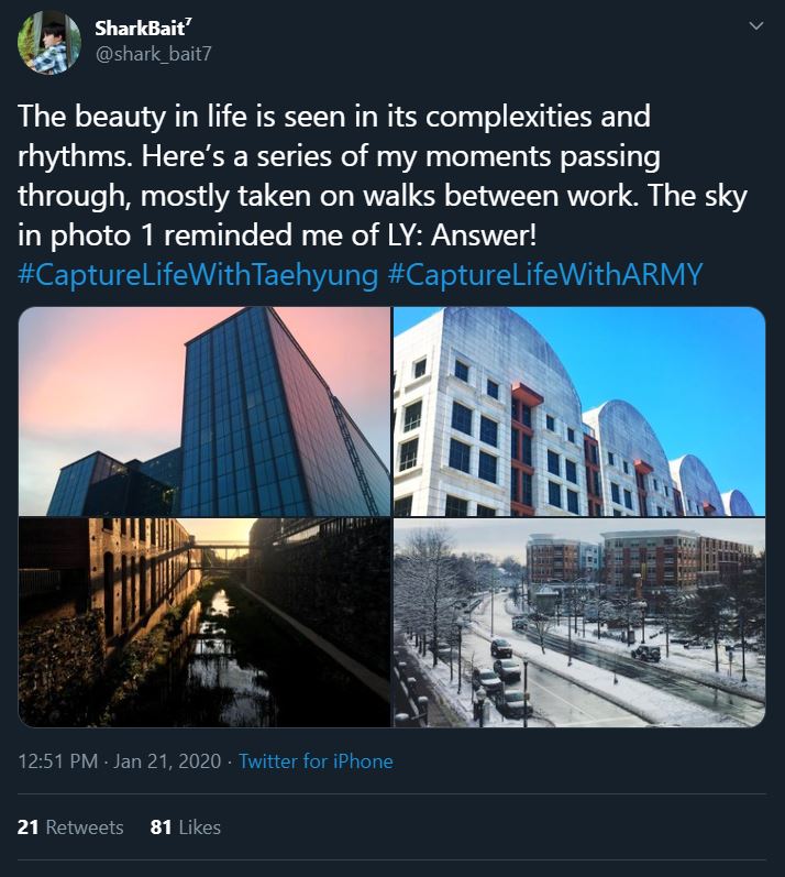 Tweet from an ARMY participating in the Bonus Mission Capture Life With ARMY. Photos are of sights the ARMY has seen while walking to and from work. The first photo was taken from the ground, looking up to the top of a glass tower building. The second photo is of white stone buildings with rounded roofs. The third photo is of a canal or river cutting through a city at sunrise. The fourth photo is a wide shot of a snowy street with some short apartment buildings in the background.