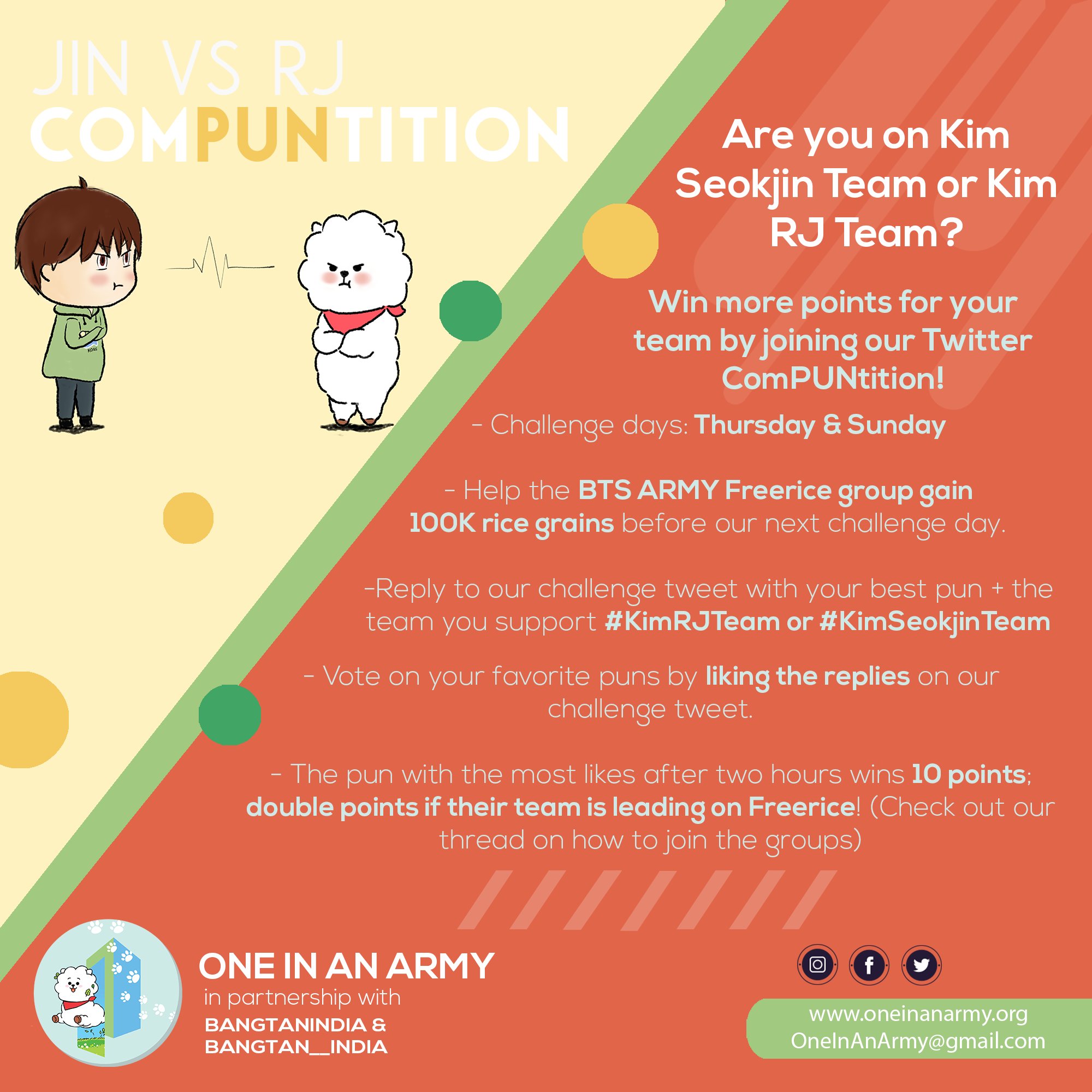 Poster continuing to explain the Jin vs RJ ComPUNtition Bonus Mission. On Thursdays and Sundays ARMY were instructed to help the BTS ARMY Freerice group gain 100k rice grains before the next challenge day, and to tweet their best puns and either #KimRJTeam or #KimSeokjinTeam to gain points for their teams.