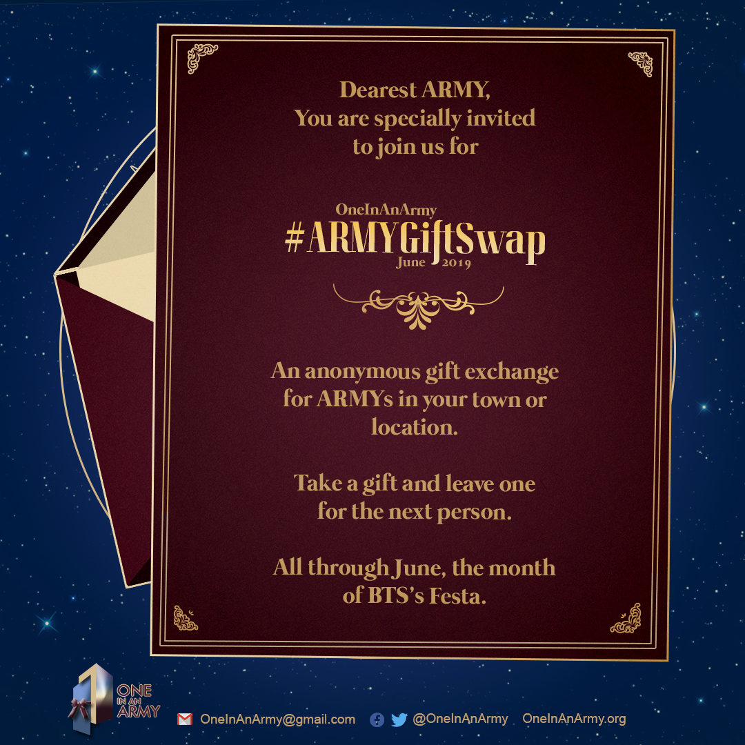 A piece of stationary and matching letter. On the stationary is an invitation to join the ARMY Gift Swap, an anonymous gift exchange for ARMYs