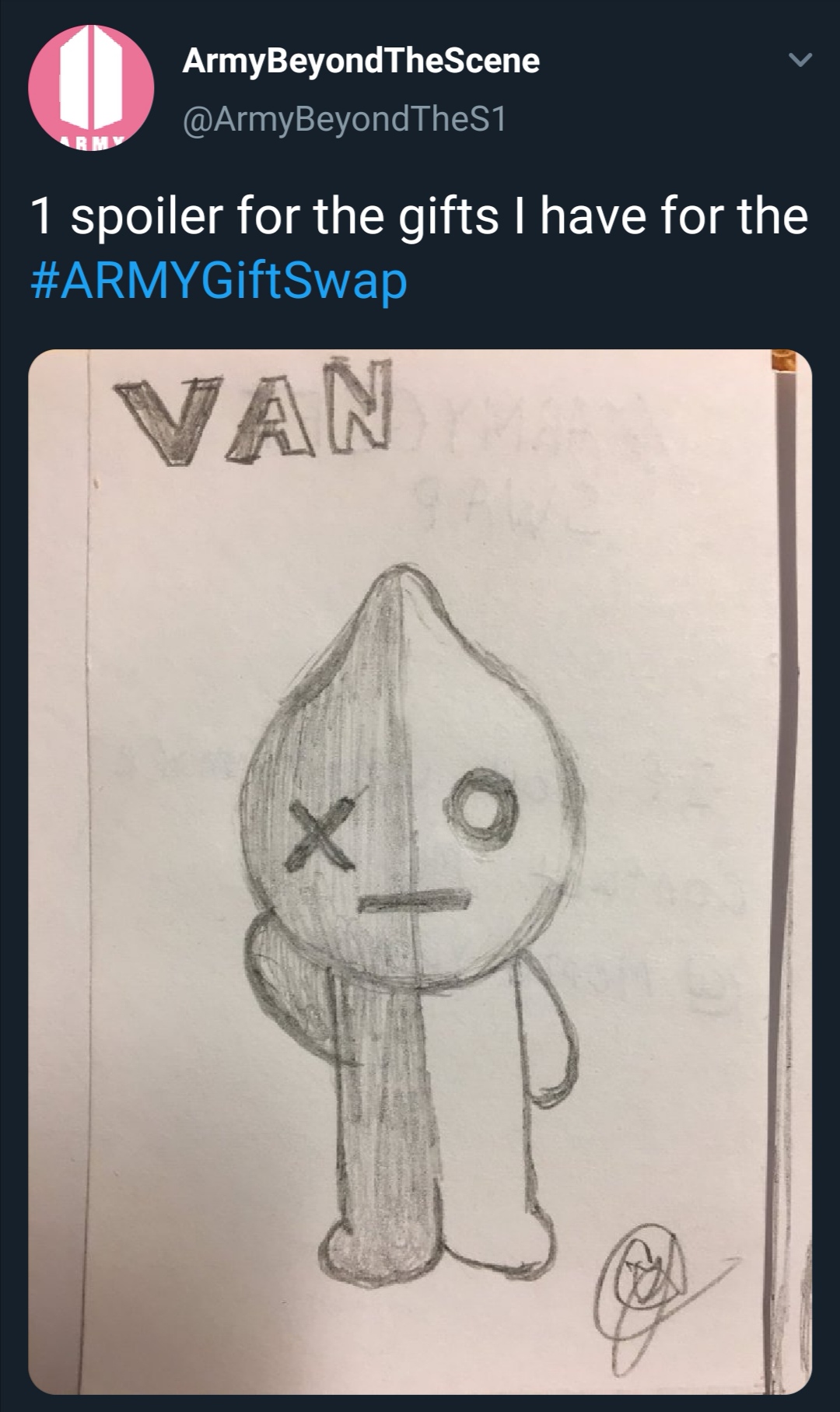Tweet that shows what an ARMY received from the ARMY Gift Swap. The photo shows a picture of BT21 character Van drawn in pencil