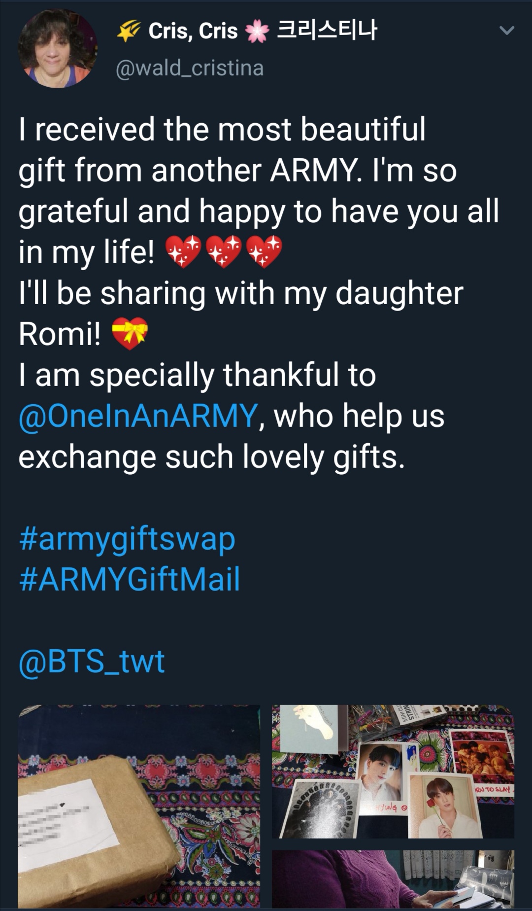 Tweet that shows what an ARMY received from the ARMY Gift Swap. Photo shows a series of small photos of BTS and individual shots of the members