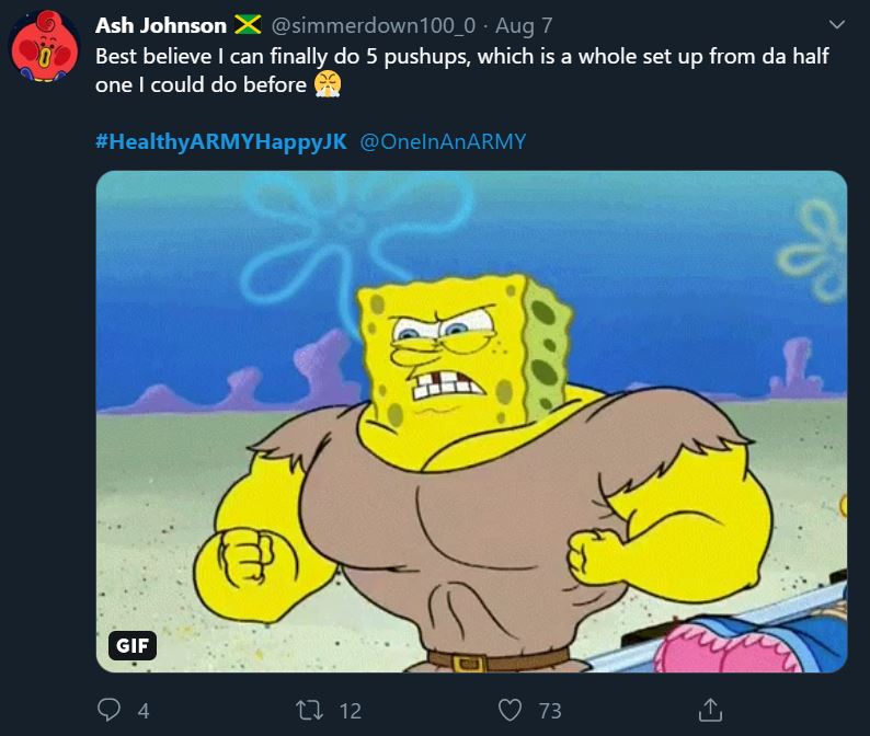 Tweet showing an ARMY participating in the bonus mission Healthy ARMY Happy Jungkook. The tweet states the ARMY has improved from only being able to do a half push-up to five push-ups. The tweet includes a gif of SpongeBob SquarePants, who is extremely buff, with a determined expression.