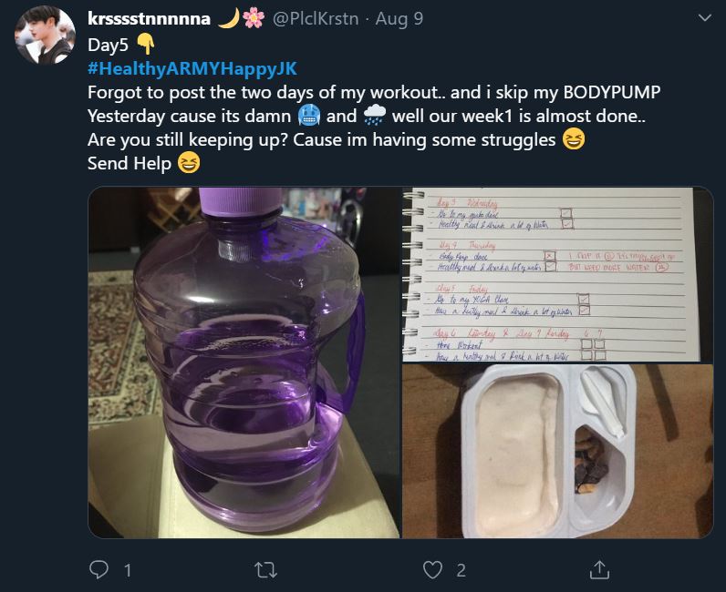 Tweet showing an ARMY participating in the bonus mission Healthy ARMY Happy Jungkook. The tweet shows photos of a large purple water bottle, a 7 day workout plan, and a snack that appears to be trail mix and hummus.