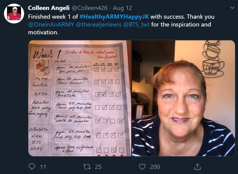 Tweet showing an ARMY participating in the bonus mission Healthy ARMY Happy Jungkook. The tweet shows a one week health plan that includes going to the gym, cleaning, reading, and spending time with friends. The tweet also includes a picture of the ARMY who has copper side bangs and green eyes. They are wearing a blue shirt with white horizontal stripes and dusty mauve lip stick.