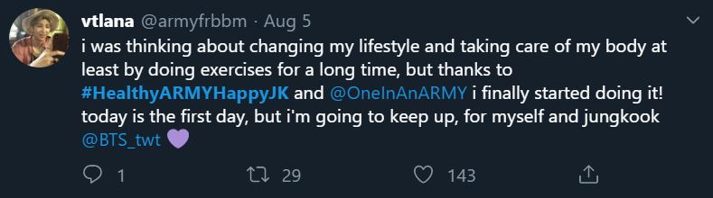 Tweet showing an ARMY participating in the bonus mission Healthy ARMY Happy Jungkook. The tweet states that the ARMY had been thinking about changing their lifestyle and doing exercise and have started doing so thanks to the Health ARMY Happy Jungkook Bonus Mission.