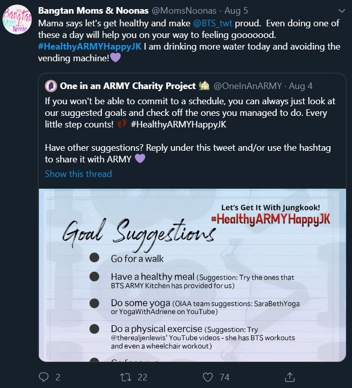 Tweet showing an ARMY participating in the bonus mission Healthy ARMY Happy Jungkook. The tweet states they're drinking more water and avoiding the vending machine.