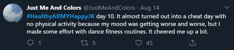 Tweet showing an ARMY participating in the bonus mission Healthy ARMY Happy Jungkook. The tweet states that the ARMY had a bad day but did a dance fitness routine and was cheered up a bit.