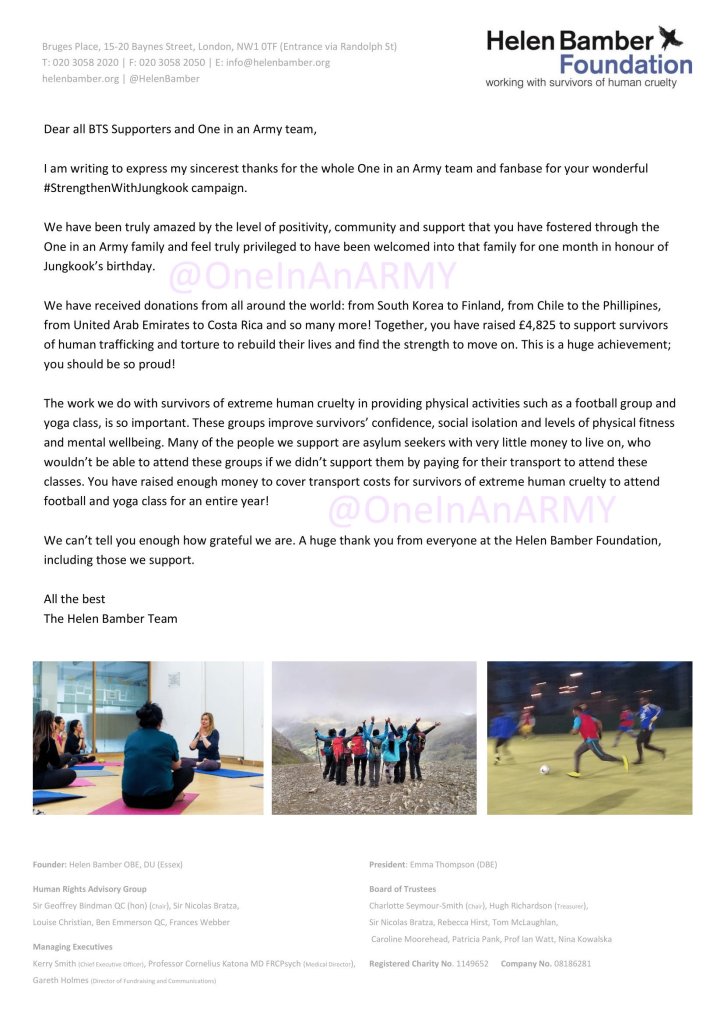 Letter from the Helen Bamber Foundation to ARMY thanking them for supporting the work the foundation does to aid survivors of extreme human cruelty. The letter includes three photos one showing a group doing yoga, one showing a group hiking on a foggy mountain, and one showing people playing football.