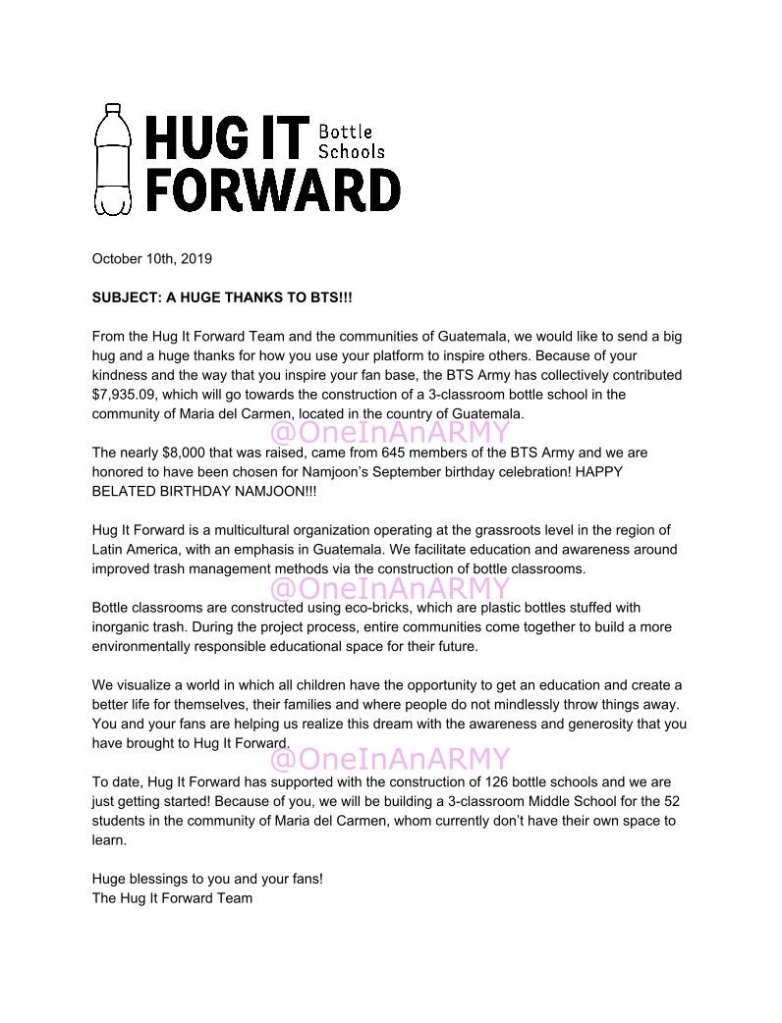 Letter from Hug It Forward to BTS thanking them for using their platform to inspire their fans. They also wish Namjoon a happy belated birthday.
