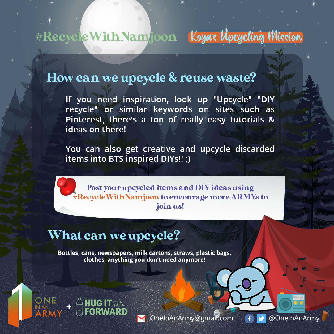 Poster encouraging ARMY to upcycle and reuse waste as part of the Bonus Mission Recycle With Namjoon. The background of the poster features BT21 character Koya who is lying on the ground in a forest, half concealed in a red tent.