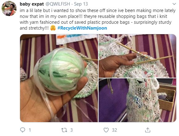 A tweet from an ARMY taking part in the Bonus Mission Recycle With Namjoon. In the tweet the ARMY includes pictures showing how they knit reusable shopping bags with yarn upcycled out of plastic produce bags.