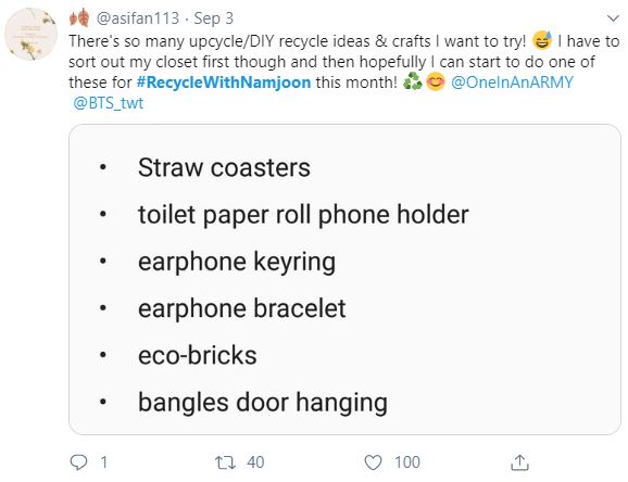 A tweet from an ARMY taking part in the Bonus Mission Recycle With Namjoon. In the tweet the ARMY lists ideas for upcycling that they want to try such as straw coasters, toilet paper roll phone holder, earphone keyring, earphone bracelet, eco-bricks, bangles door hanging.