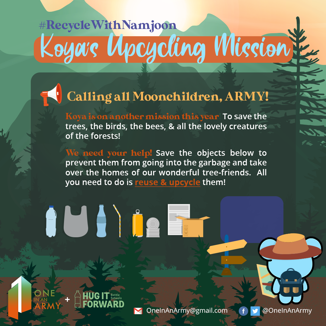 Poster calling ARMY to participate in the Bonus Mission Recycle With Namjoon. The poster shows BT21 character Koya standing with their back to the camera, wearing a backpack and a wide brimmed hat, looking at a map while standing in a forest. The poster also shows images of items that can be reused, recycled, and upcycled such as plastic bottles, paper straws, tin cans, and cardboard boxes.