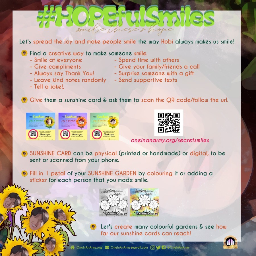 Poster encouraging ARMY to hand out sunshine cards and colour in a petal on the sunshine garden colouring page every time they made a person smile.