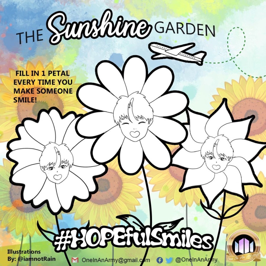 A printable colouring page showing three flowers with anime drawings of Hoseok's face in the center of the flowers.