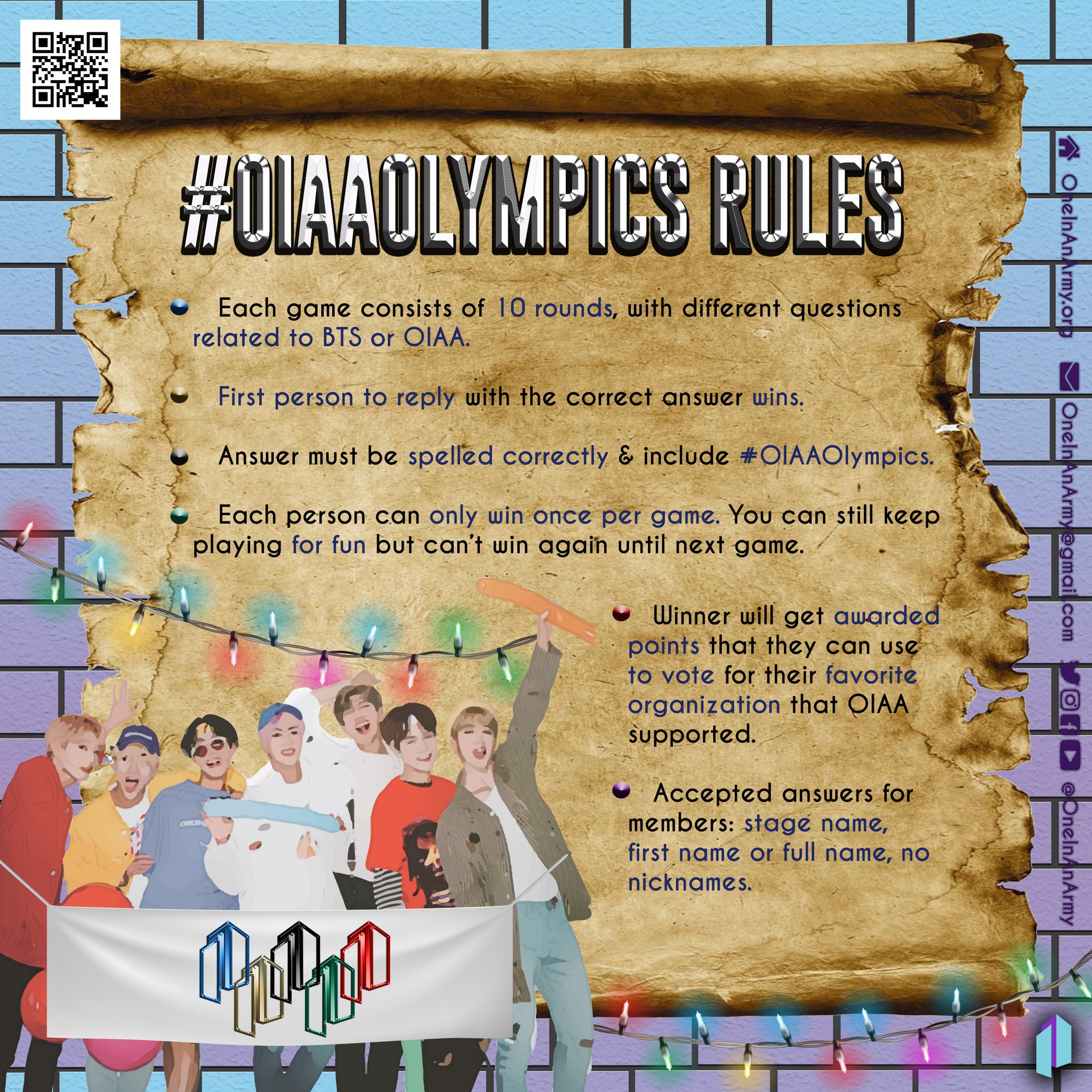 Poster showing the rules for the OIAA Olympics. Each game had 10 rounds and each person could only win once per game.