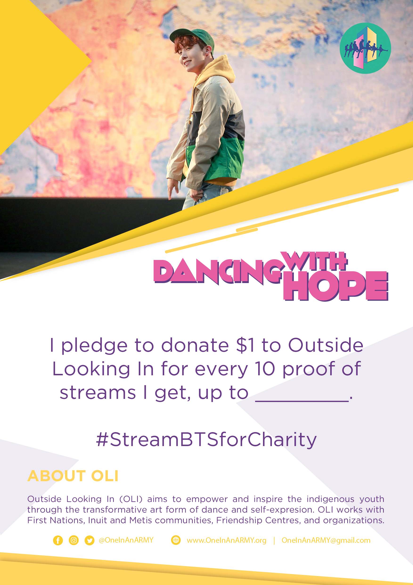 Template which reads "I pledge to donate $1 to Outside Looking In for every 10 proof of streams I get, up to" with space left for ARMY to write in an amount.