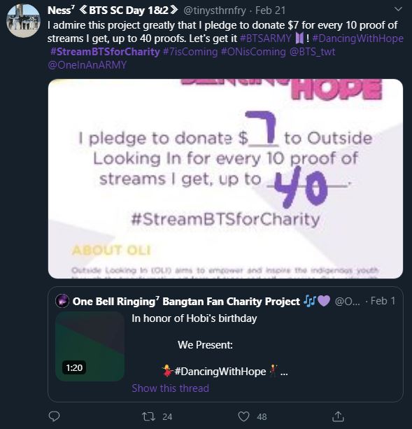 Screenshot of a tweet that shows the ARMY's custom pledge to donate $7 to Outside Looking In for every 10 proof of streams up to 40.