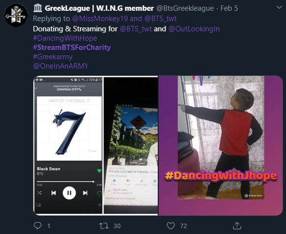Screenshot of a tweet that shows the ARMY streaming Black Swan on Spotify and the Ego music video on YouTube. There's also a photo of a young ARMY (approximately six years old) doing a move from the Ego choreography.