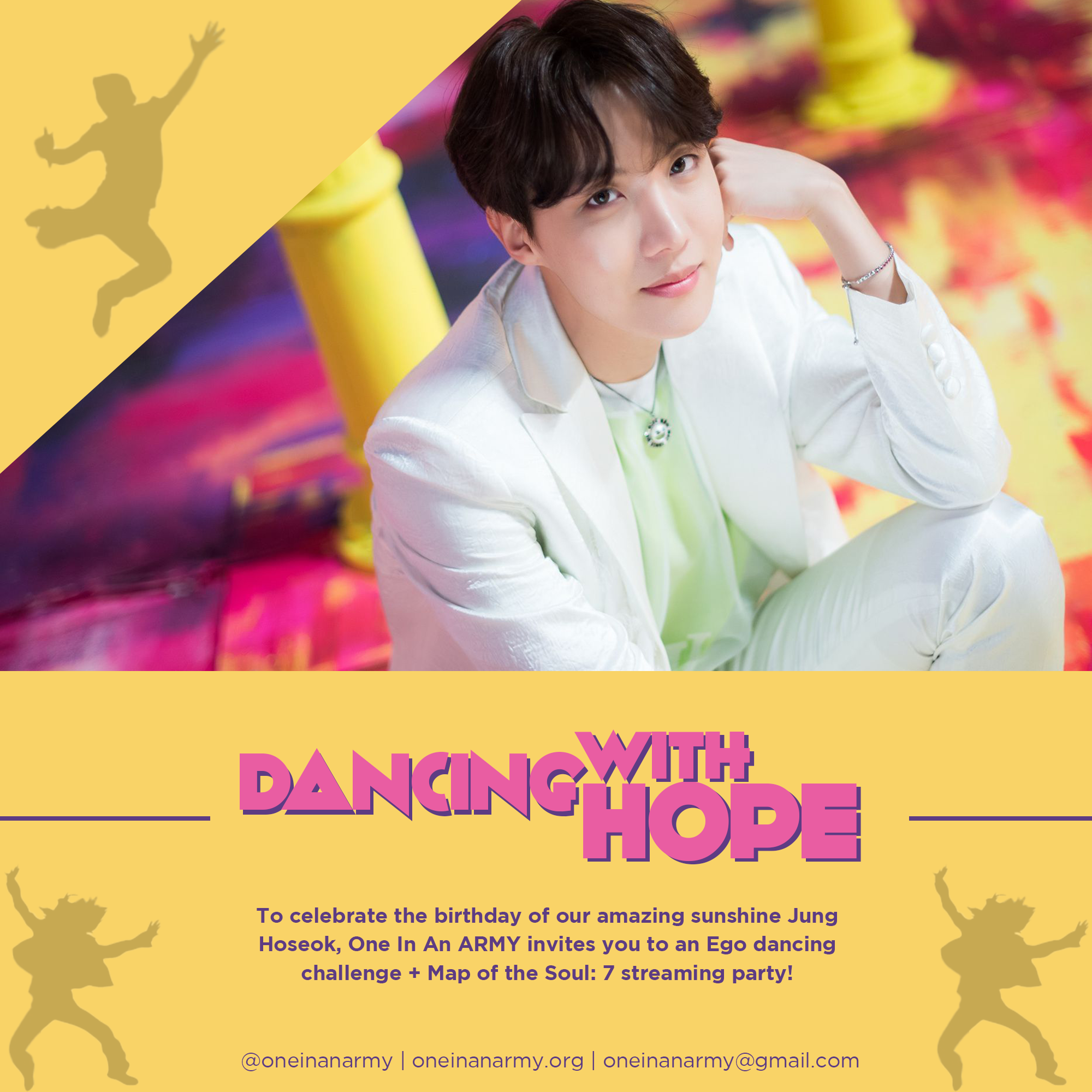 Poster inviting ARMY to join the Dancing With Hope Bonus Mission. The poster includes a photo of Hoseok from the set of the Boy With Luv music video. Hoseok is crouched on the floor, resting his left elbow on his knee and resting his head on his hand. He wears a white suite with a light green shirt. His hair is dark brown and styled in a bowl cut with a center part in the bangs.