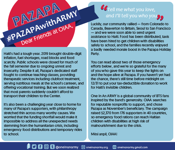 Another letter to ARMY from PAZAPA thanking them for their support. They state that 2019 was a tough year for Haiti as they had to deal with double-digit inflation, fuel shortages, road blocks, food scarcity, and public school closures.
